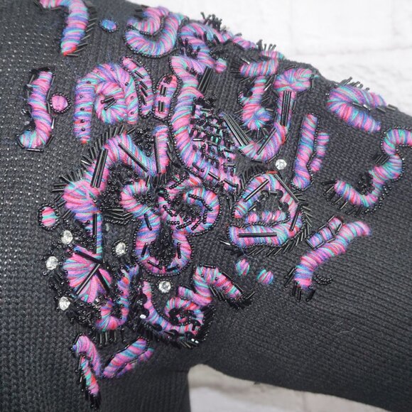 Vintage 80s Embroidered Beaded Rhinestone Embellished Cotton Sweater Large - Picture 4 of 7